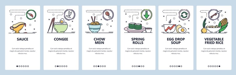 Mobile app onboarding screens. Asian and thai cuisine, cognee, spring rolls, fried rice. Menu vector banner template for website and mobile development. Web site design flat illustration