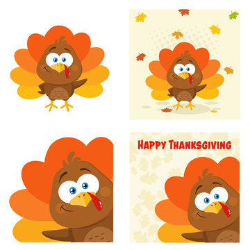 Cute Turkey Bird  Cartoon Character Set 2. Flat Vector Collection Isolated On White Background