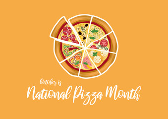 National Pizza Month vector. Pizza on a yellow background. Sliced pizza vector. Pizza different kinds vector. October is National Pizza Month. American Food & Beverage Holiday. Important day