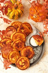 Pumpkin pancakes with cinnamon and honey