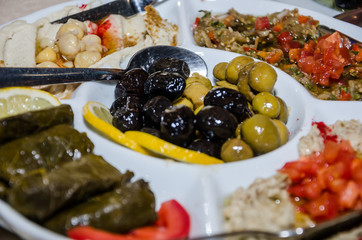 assorted appetizers in a plate. Hummus, dolma, olives.