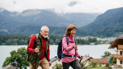 Senior pensioner couple with nordic walking poles hiking in nature. - obrazy, fototapety, plakaty