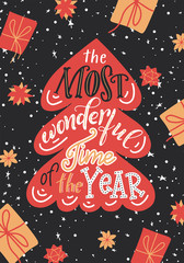 Happy holidays greeting card. Hand lettering Christmas background. Brush calligraphy with decorative design elements. Vector illustration