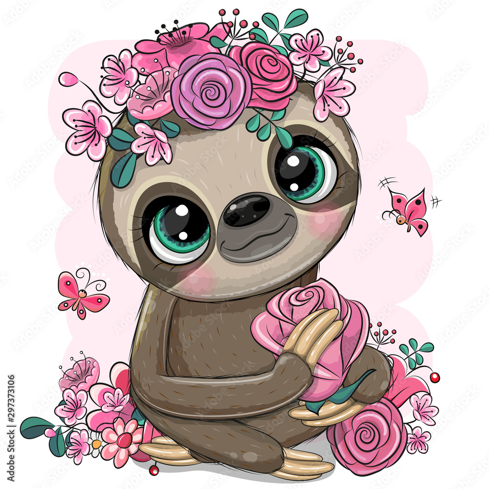 Wall mural cartoon sloth with flowers on a white background