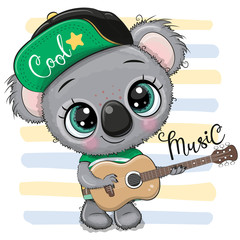 Cartoon-Koala in einer Mütze spielt Gitarre