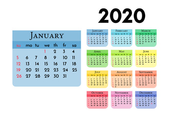 Calendar for 2020 isolated on a white background