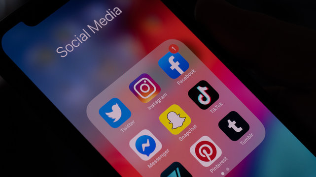 Mannheim - Baden W&uuml;rttemberg / Germany  07.21.2019: Close Up of Smartphone Display with Social Media Application Icons