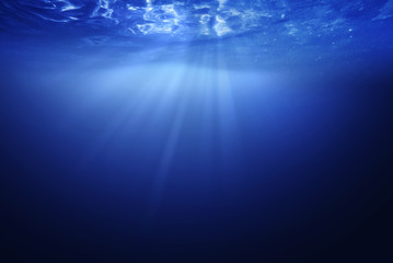 under water blue sea with wavy above and light ray through undersea background