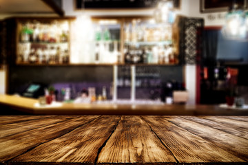 desk of free space and restaurant interior 