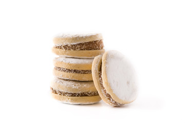 Traditional Argentinian alfajores with dulce de leche and sugar isolated