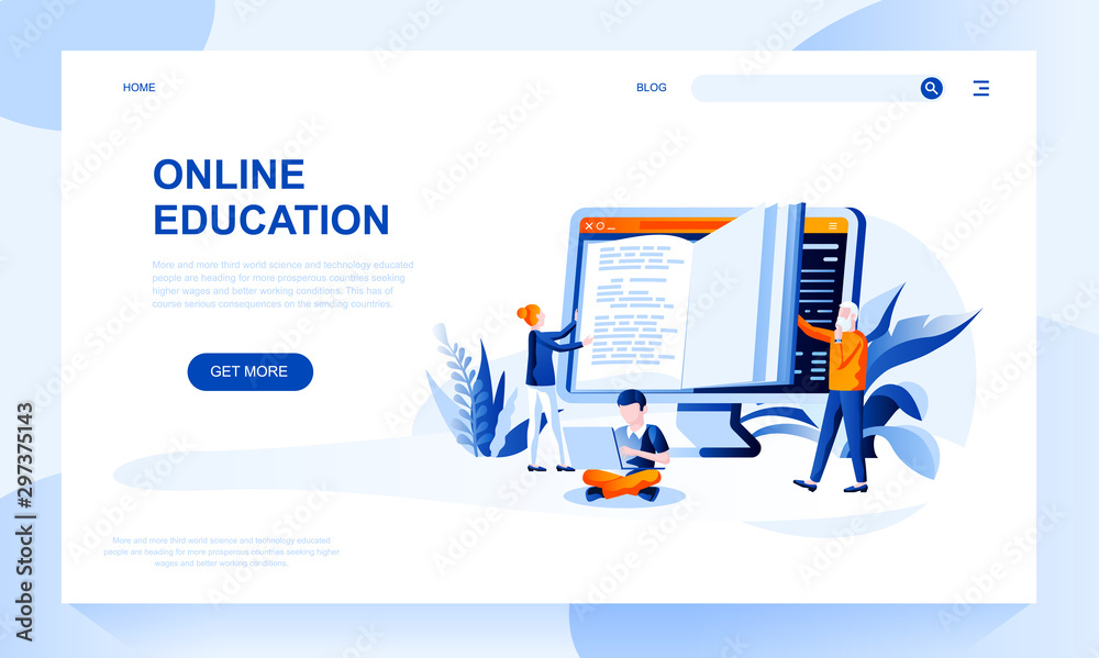Fototapete online education vector landing page template with header. e learning web banner, homepage design wi