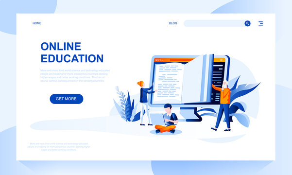 Online Education Vector Landing Page Template With Header. E Learning Web Banner, Homepage Design With Flat Illustrations