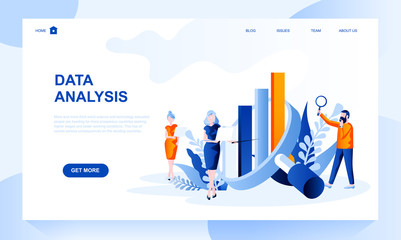 Data analysis vector landing page template with header. Information analytics web banner, homepage design with flat illustrations