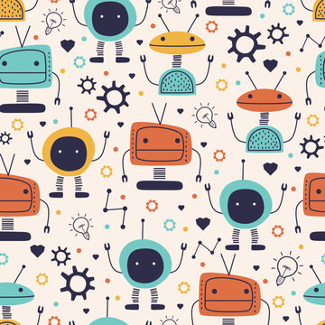 Cute seamless pattern with childish robot funny drawing. Vector hand drawn cartoon funny character monster cyborg for kids and baby fashion textile nursery theme ready for print.