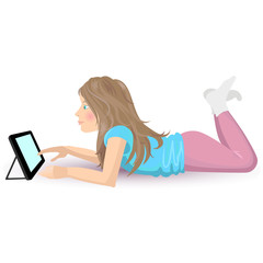 Girl lying on the floor and plays with tablet. Vector illustration