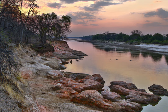 Evening photo of Luangwa River, South Luangwa National Park border. HDR photo.