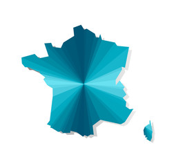 Vector isolated illustration icon with simplified blue silhouette of France map. Polygonal geometric triangular shapes. White background