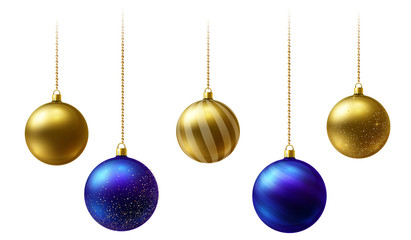 Realistic gold and blue Christmas balls hanging on gold beads chains on white background.