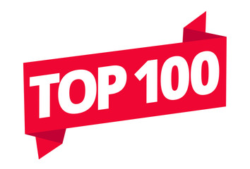 Top 100. Best ten list. Red word on ribbon. Winner tape award text title. Vector color Illustration clipart on a red background.
