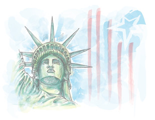 Watercolor sketch of statue of liberty face with flag