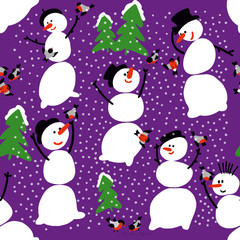 Snowmen feed the birds. Seamless background pattern, winter christmas ornament,