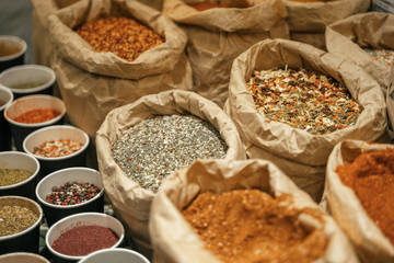 Spices are sold on the open east market. India, Pushkar