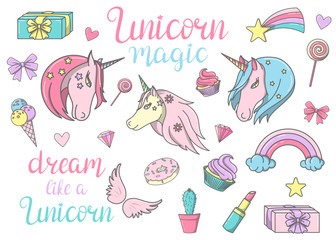 Set of unicorns, rainbows, sweets and other doodles
