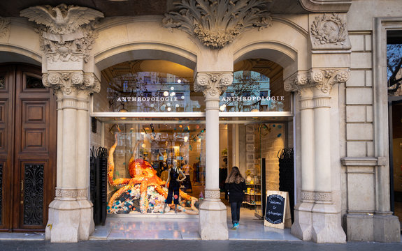 Barcelona, Spain. February 2019: Anthropologie store in Passeig de Gracia street.