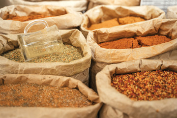 Spices are sold on the open east market. India, Pushkar