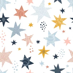 Poster Scandinavische stijl Naadloze Scandinavische kinderachtig patroon met sterren en stippen. Sterrenhemel, kinderachtige doodle achtergrond. Vector illustratie. Kwekerij decoratieve achtergrond met handgetekende textuur voor stof, inwikkeling, textiel