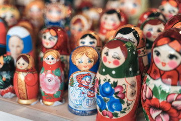 Colorful Russian nesting dolls matreshka at the market. The most popular souvenirs from Russia.