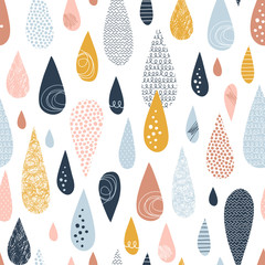 Raindrops hand drawn color vector seamless pattern. Multicolor doodle dribbles on white background. Decorative zigzag, scrabble, circle spot drops flat illustration. Textile, wrapping paper design