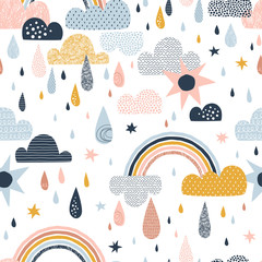 Vector nahtloses Muster des Himmels mit Wolken, Regentropfen, Regenbogen, Sonne. Niedlicher Doodle-dekorativer skandinavischer Druck für Textilien, Stoffe, Bekleidung, geschlechtsneutrales Kinderzimmer-Design