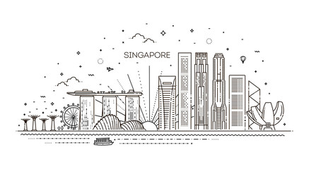 Singapore architecture line skyline illustration. Linear cityscape with famous landmarks - obrazy, fototapety, plakaty