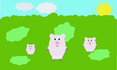 Mother pig and pigs in the wild. Vector illustration
