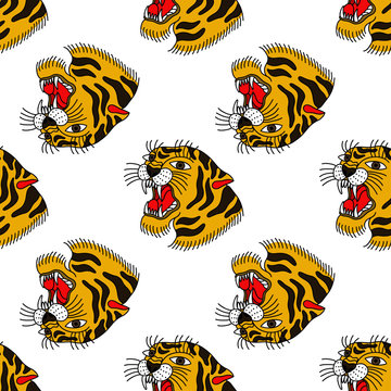tiger seamless doodle pattern, traditional tattoo illustration
