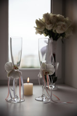 catering at a top event, glasses and flowers on the table, preparation for a significant event, beautiful dishes and glasses on the table, New Year's holiday table