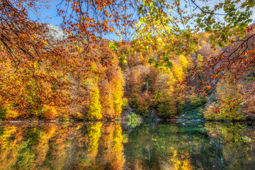 Beautiful lake in the autumn high in the mountains