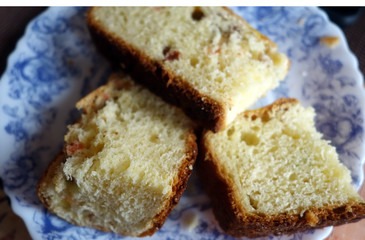 Pieces of cake on plate with blur effect.