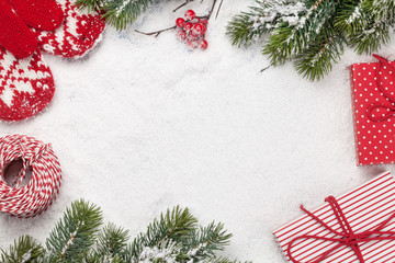 Fototapeta na wymiar Christmas card with fir tree and gift boxes
