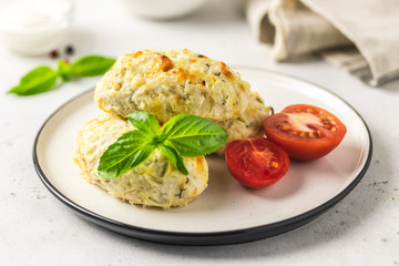 Healthy cabbage rolls with vegetables and sour cream sauce. Selective focus, space for text.