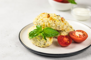 Healthy cabbage rolls with vegetables and sour cream sauce. Selective focus, space for text.