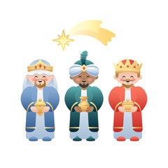 Christmas illustration. The Three Kings or Three Wise Men and the Bethlehem shooting star on white. Cute cartoon characters. Vector illustration.