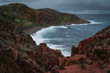 Stormy waves at Barents Sea, Arctic Ocean. Kola Peninsula, Murmansk region in Russia