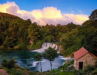 Fototapeta na wymiar Beautiful landscape with a waterfall-Skradinski Buk Waterfall.Krka National Park.
