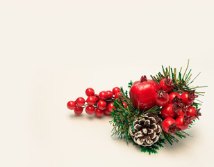 Christmas fir branches with decorations isolated background over white, with copy space