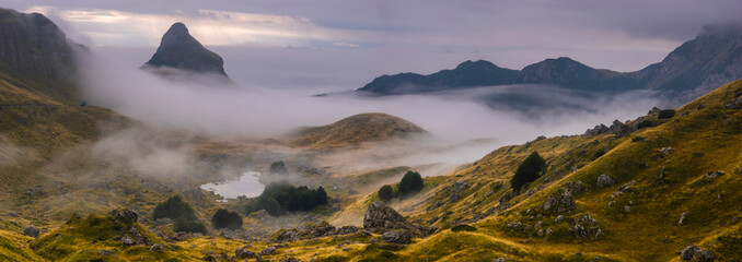 Durmitorpark in Montenegro op een bewolkte, mistige ochtend