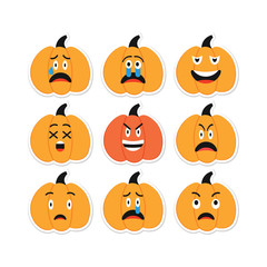 Naklejka premium Pumpkin Emoji Set. Halloween Angry Sad Pumpkins characters. Thanksgiving, Harvest planner Sticker. Anger, Sadness, Suffering Emojis Faces. Orange Squash Smiles for app, messenger.