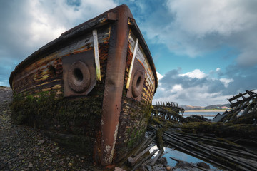 Abandoned ships cemetery at low tide near Teriberka village in Murmansk Region. Kola peninsula,...