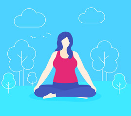 yoga, plus size woman meditates in park, vector